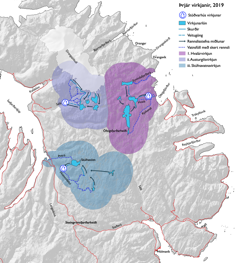 Mynd 2. Þrjár virkjanir á Ófeigsfjarðarheiði.