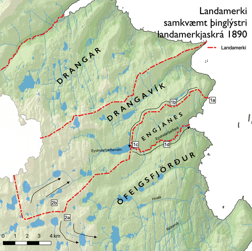 Upplýsingar um landamerki á svæðinu, samkvæmt þinglýstri landamerkjaskrá 1890.