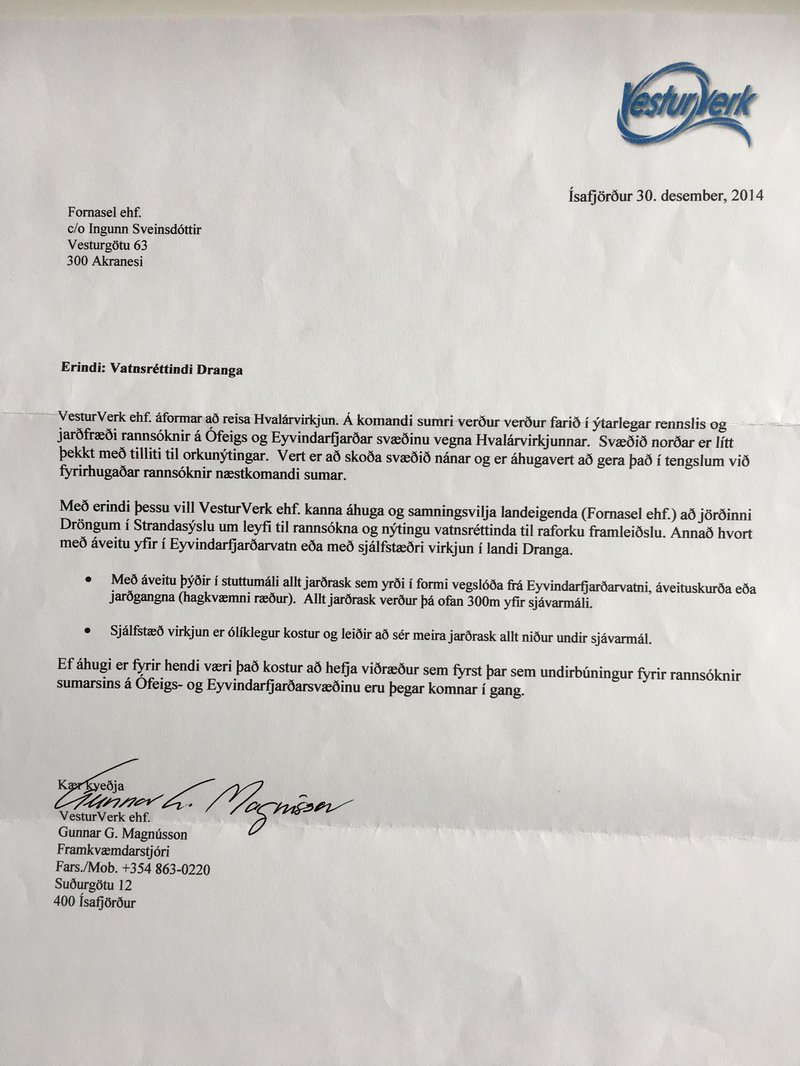 Mynd 3. Bréf Vesturverks til eigenda Drangajarðar.