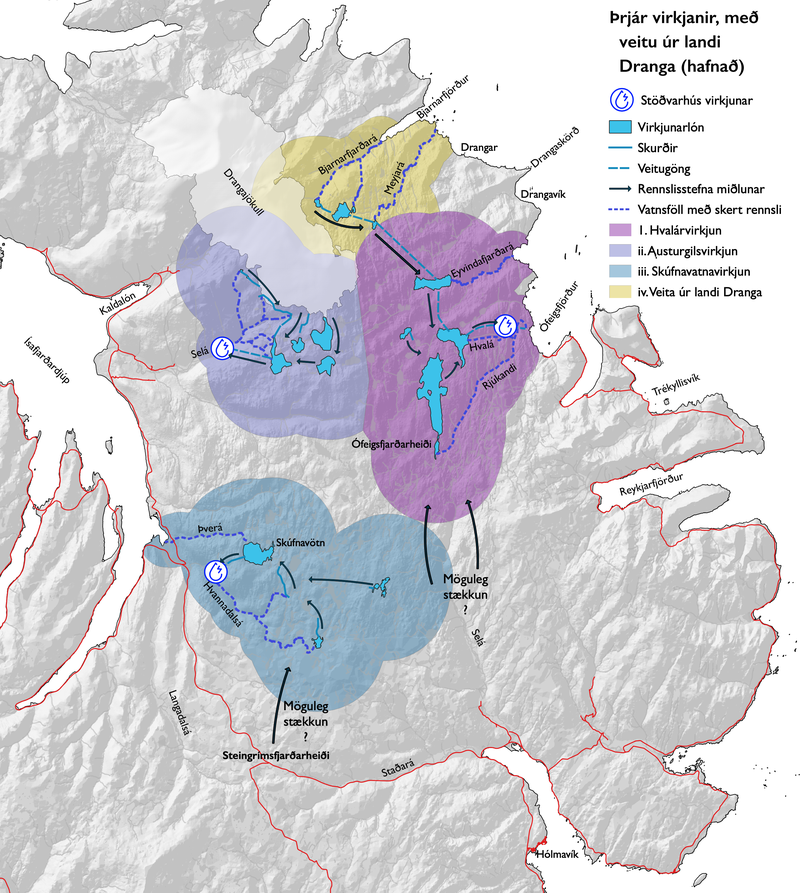Mynd 4. Virkjanir á Ófeigsfjarðarheiði með veitu úr landi Dranga.