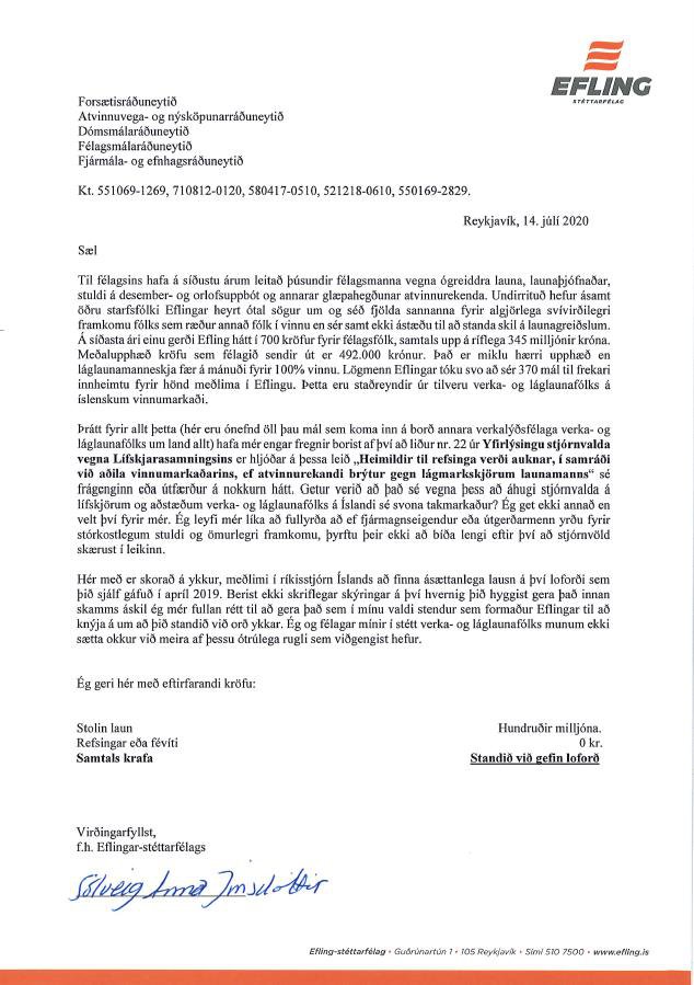 Bréf Sólveigar Önnu Jónsdóttur, formanns Eflingar.