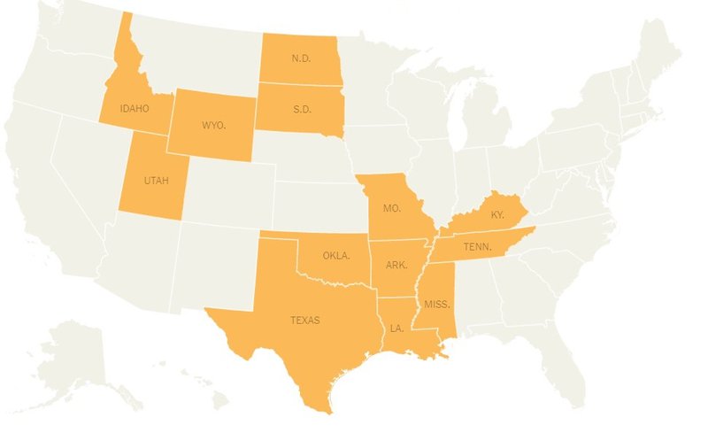 13 ríki Bandaríkjanna munu geta bannað þungunarrof um leið og Hæstiréttur Bandaríkjanna snýr við dómi Roe gegn Wade frá 1973 líkt og drög að meirihlutaáliti dómsins leggja til að verði gert. Mynd/Skjáskot: NY Times
