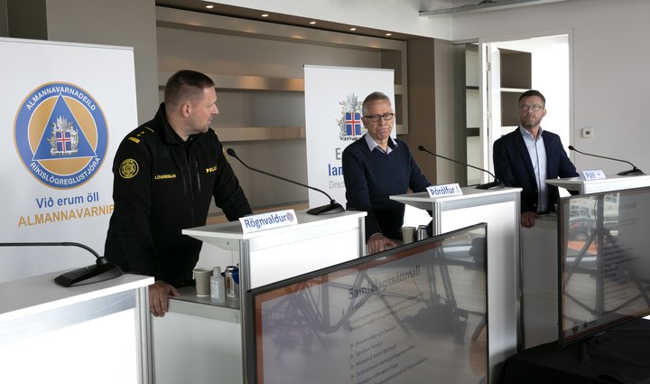 Þeir Rögnvaldur, Þórólfur og Páll á upplýsingafundi Almannavarna í dag.