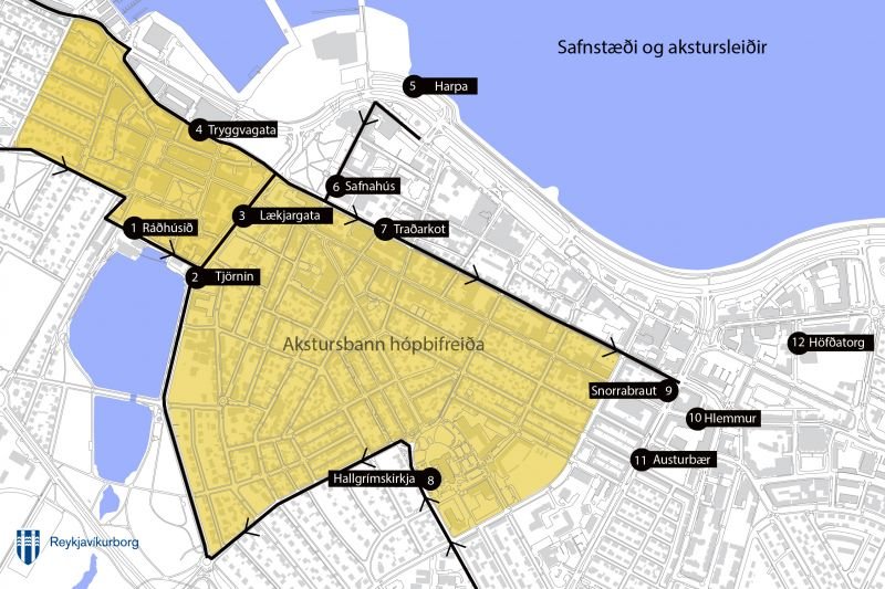 Svæðið þar sem bannið gildir og uppsettar rútustöðvar fyrir ferðamenn. Heimild: Reykjavíkurborg