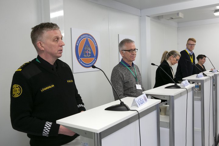 Víðir Reynisson, Þórólfur Guðnason, Alma Möller og Ævar Pálmi Pálmason á upplýsingafundinum í dag.