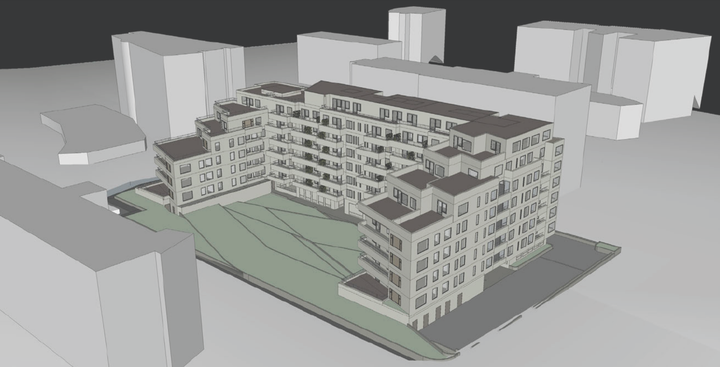 Gróf þrívíddarteikning af húsinu sem fyrirhugað er að byggja á lóðinni.