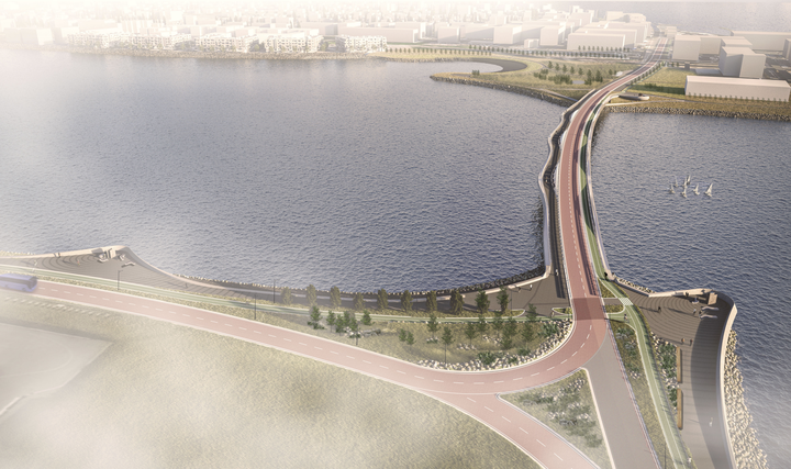 Fyrirhuguð Fossvogsbrú, eins og hún leit út á teikningum frá Eflu, sem varð hlutskörpust í hönnunarsamkeppninni í fyrra.