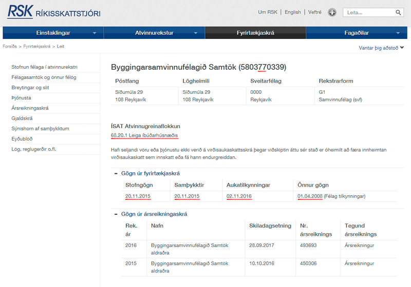 Kennitala „Byggingarsamvinnufélagsins Samtök aldraðra“ vísar til ársins 1977 en stofngögn eru frá 20. nóv. 2015. Einu samþykktir á skrá eru í rauninni frá árinu 2006 þrátt fyrir dagsetninguna 20.11.2015. Aukatilkynning frá 2016 fjallar um breytta stjórn.