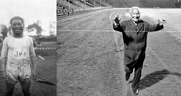 Kanaguri Shizo árið 1912 og við enda hlaupsins 1967.