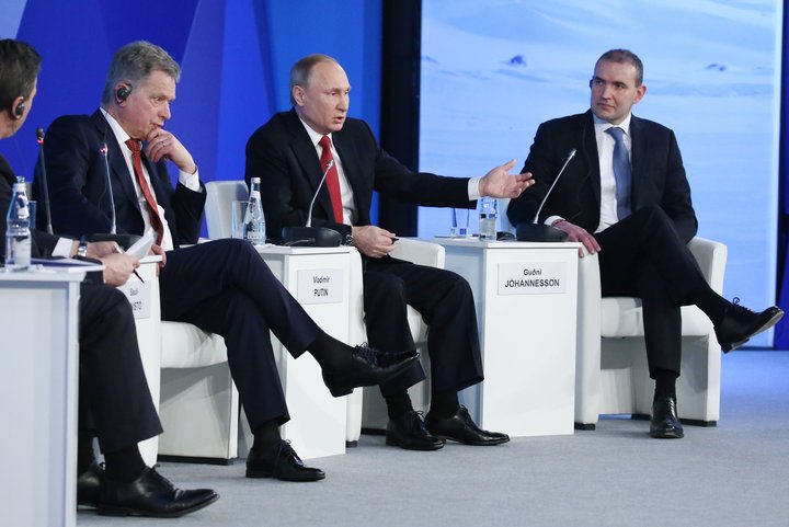 Sauli Niinitsoe, forseta Finnlands, Vladimír Pútín, forseti Rússlands og Guðni Th. Jóhannesson, forseti Íslands.