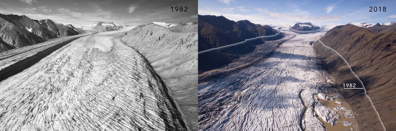 Flugsýn af tungu Heinabergsjökuls 1982 og 2018. Myndirnar byggja á ljósmyndum sem teknar voru úr flugvél 1982 og flygildi 2018 og landlíkönum sem reiknuð voru á grundvelli myndanna og sýna vel lækkun yfirborðs jökulsins á 36 ára tímabili. Mynd: Veðurstofa Íslands