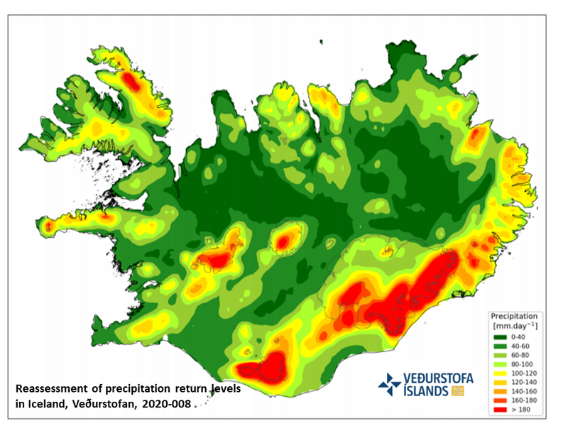 Nýtt kort, svokallað IM5, sem sýnir 24 stunda úrkomu fyrir atburð með 5 ára endurkomutíma, byggt á sögulegum gögnum. (Úr nýrri skýrslu Veðurstofunnar, VI-2020-008)