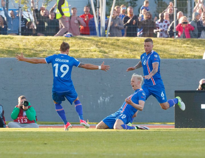 Hörður Björgvin Magnússon skoraði mark Íslands.