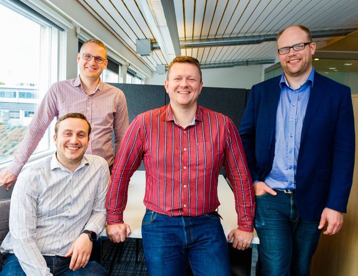 Starfsmenn og eigendur Overcast Software. Frá vinstri: Einar Jónsson, Sævar Öfjörð Magnússon, Kjartan Sverrisson og Arnar Tumi Þorsteinsson.