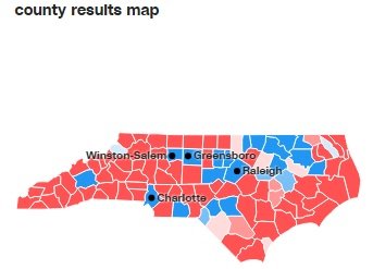 Norður-Karólína. Hillary stuðningurinn sést blár, en rauður hjá Trump.