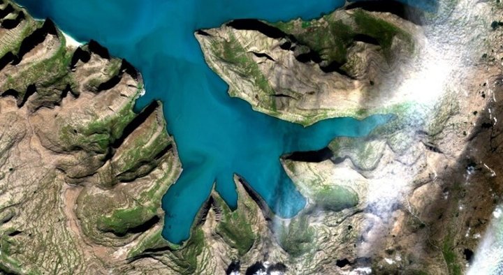 Á gervitunglamynd sem tekin var nú í september sést blóminn mjög vel í Arnarfirði.