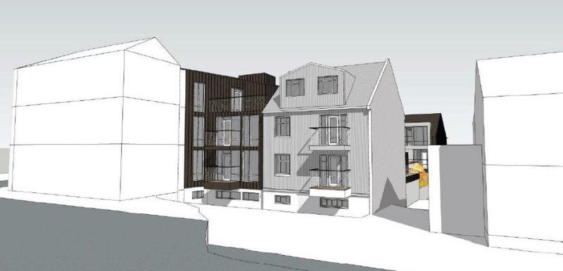 Ásýnd byggðar séð frá Ránargötu til norðurs samkvæmt tillögu hönnuða. Á myndinni er búið að færa húsið að Bræðraborgarstíg 3 að lóðamörkum hornhússins. Mynd: Yrki