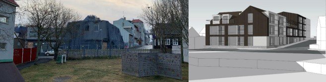 (T.v.) Bræðraborgarstígur nr.1 og nr.3 til suðurs 5. janúar 2021. Uppfærð tillaga hönnuða til hægri.