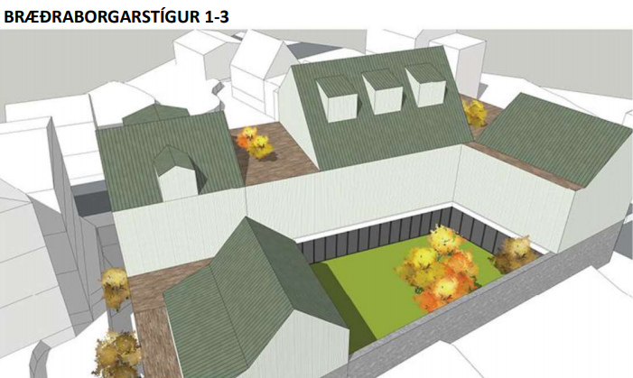 Horft yfir bakgarðinn stóra að húsunum samkvæmt fyrstu hugmyndum Þorpsins. Mynd: Yrki arkitektar