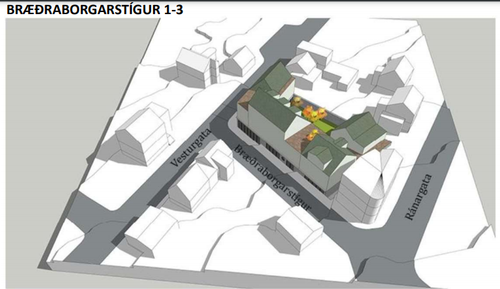 Hér má sjá fyrstu hugmyndir að grófu skipulagi byggingareitsins. Mynd: Yrki arkitektar