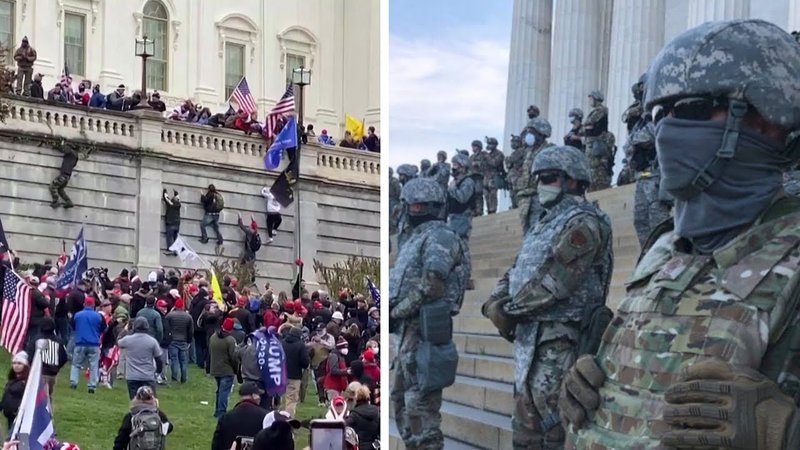 Mikill munur var á löggæslu á þegar BLM-mótmælin stóðu yfir í Washington í fyrrasumar og þegar stuðningsmenn Trump réðust inn í þinghúsið í síðustu viku. Mynd: Samsett