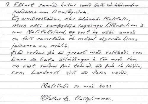 Séra Ólafur Hallgrímsson skilaði inn handskrifaðri umsögn.