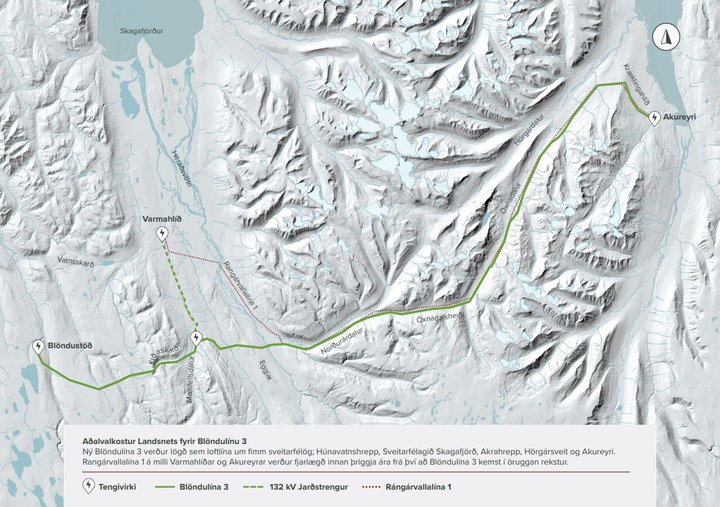 Aðalvalkostur Landsnets er sá að Blöndulína 3 liggi um fimm sveitarfélög og í lofti alla leiðina.