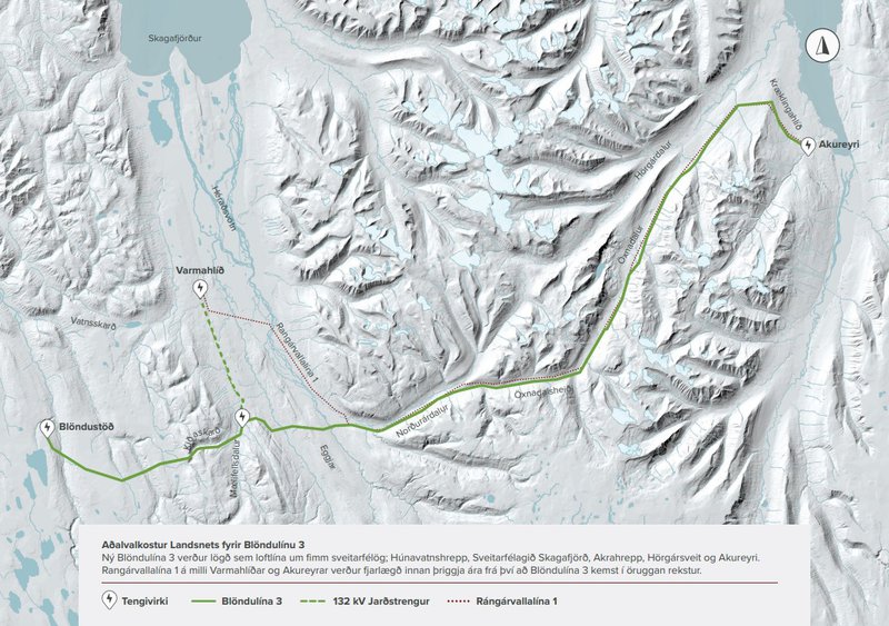 Aðalvalkostur Landsnets fyrir Blöndulínu 3. Mynd: Umhverfismatsskýrsla Landsnets