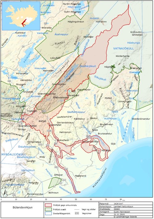 Svæði merkt með rauðum lit er það vatnasvið Skaftár sem skal friða fyrir orkuvinnslu.