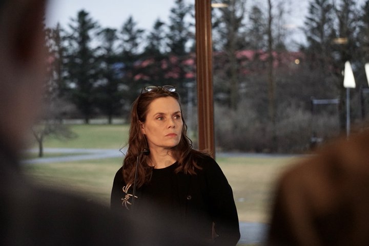 Katrín Jakobsdóttir forsætisráðherra við kynningu stjórnarsáttmálans á Kjarvalsstöðum í dag.