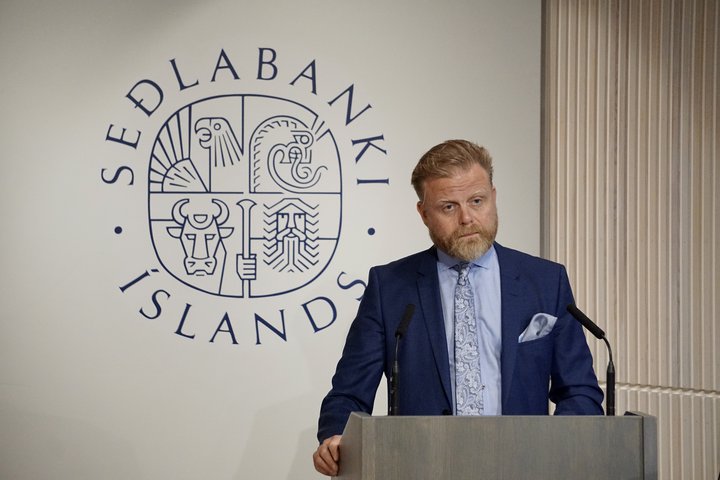 Ásgeir Jónsson seðlabankastjóri á blaðamannafundi í morgun þar sem hann kynnti ástæður fyrir nýjustu vaxtaákvörðun peningastefnunefndar.