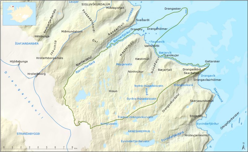 Mörk hins friðlýsta svæðis á jörðinni Dröngum sýnd með grænum lit. Mynd: Umhverfisstofnun