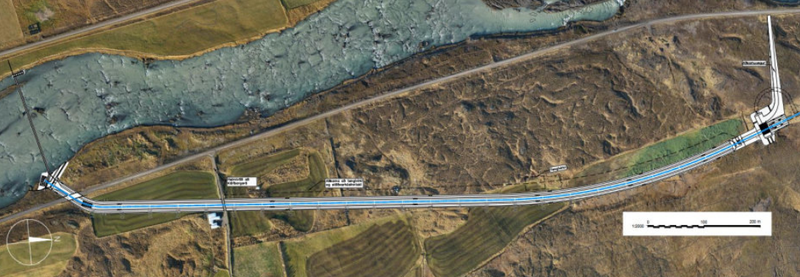 Yfirlit yfir aðrennslisskurð um land Kálfborgarár. Brýr verða gerðar á þeim stöðum sem aðrennslisskurðurinn þverar þjóðveginn og heimreið að bæjarhúsum Kálfborgarár. Aðkomuvegur að tengivirki og stöðvarhúsinntaki verður með vesturbakka skurðarins. Mynd: Matsskýrsla