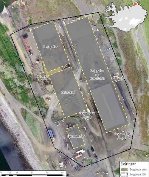 Framkvæmdasvæðið og helstu framkvæmdarþættir eldisins. Mynd: Úr matsskýrslu