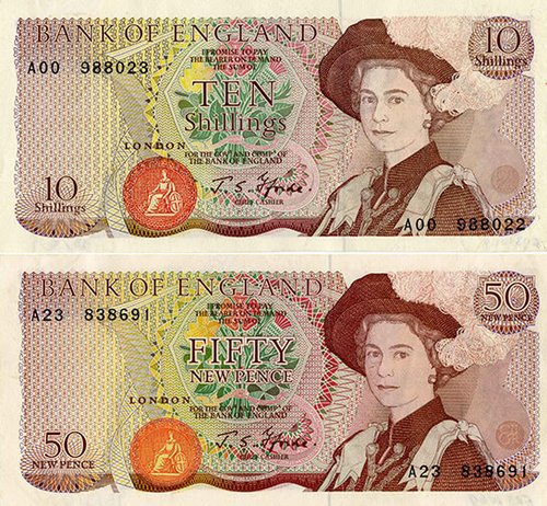 Tíu skildinga seðillinn var aðeins í umferð í nokkra mánuði. 50 pennía seðillinn var hannaður en aldrei gefinn út.