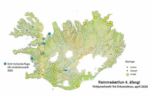 Bláu punktarnir tákna flug hafarna yfir vindmyllusvæði árið 2020. Mynd: Náttúrufræðistofnun Íslands