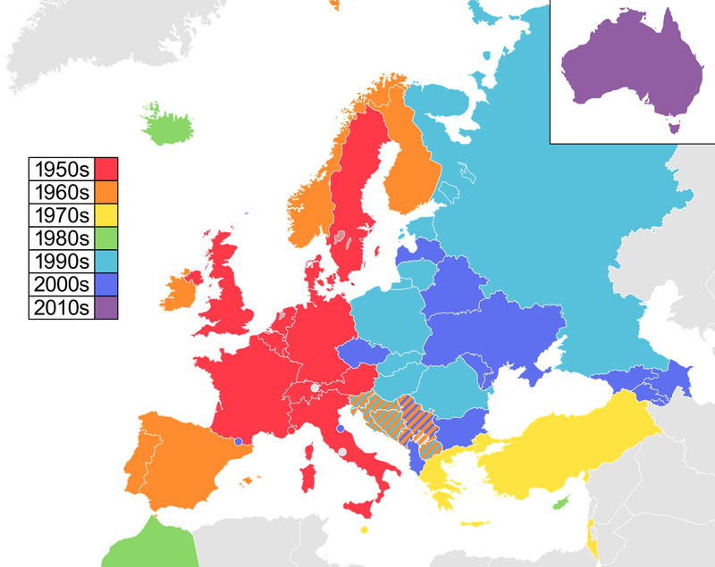 Þátttökuþjóðir í Eurovision og áratugur fyrstu þátttöku. (Wikipedia Creative Commons)