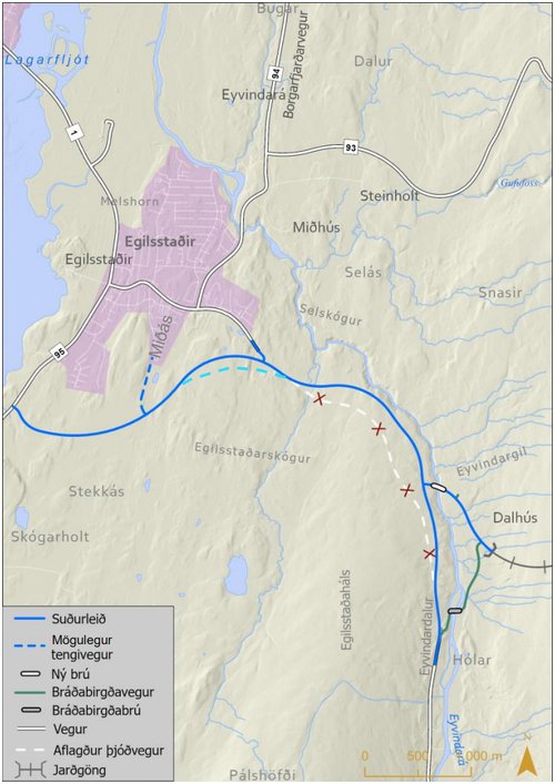 Suðurleið um Egilsstaði er sú leið sem Vegagerðin vill helst fara. Kort: Vegagerðin