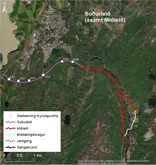 Suðurleið er sýnd með fjólubláum lit en rauði liturinn sýnir legu bæði suðurleiðar og miðleiðar. Kort: Úr umhverfismatsskýrslu