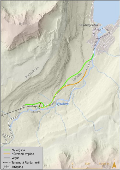 Valkostir vegar frá göngum inn á Seyðisfjörð eru tveir: Núverandi vegur eða nýr. Kort: Vegagerðin