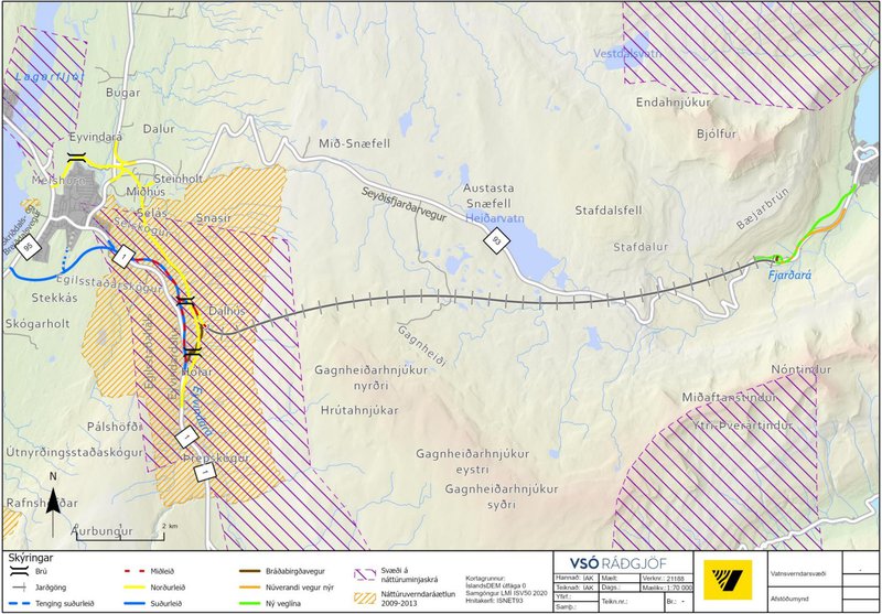 Valkostir og verndarsvæði við Fjarðarheiðargöng og vegtengingar beggja vegna. Mynd: Vegagerðin