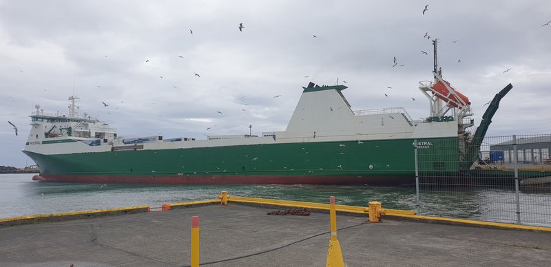 Flutningaskip Smyril Line, Mistral, liggur hér við Skarfaskersbryggju í Þorlákshöfn. Mynd: Vegagerðin