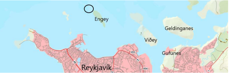 Fyrirhugað losunarsvæði er merkt með svörtum hring norðvestan við Engey. Mynd: Úr tillögu að matsáætlun