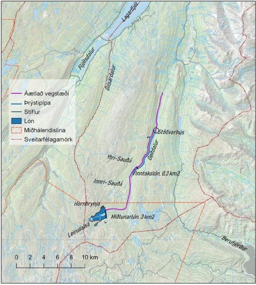 Staðsetning virkjunarmannvirkja samkvæmt forathugun. Kort: Úr matsskýrslu Arctic Hydro