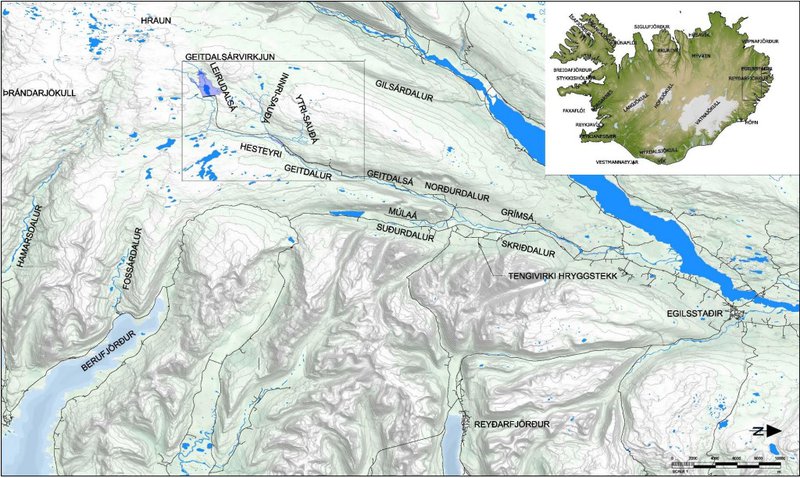 Áhrifasvæði fyrirhugaðrar Geitdalsárvirkjunar í Múlaþingi. Kort: Matsáætlun Arctic Hydro
