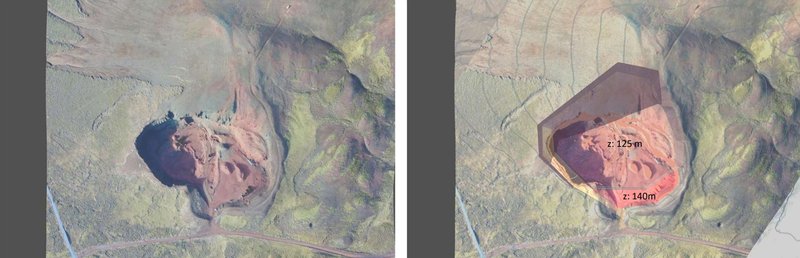 Seyðishólar. Á myndinni til vinstri er náman eins og hún er í dag og á þeirri til hægri eins og hún kemur til með að líta út. Mynd úr umhverfismatsskýrslu