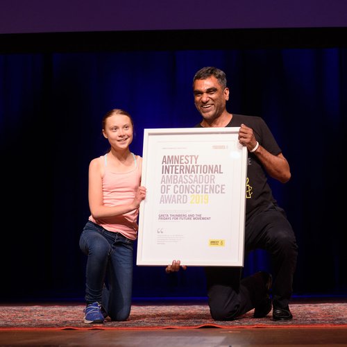Greta Thunberg og Kumi Naidoo, aðalframkvæmdarstjóri Amnesty International. Mynd: Amnesty