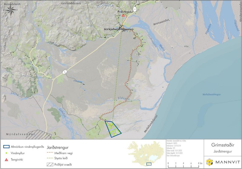 Yfirlitsmynd sem sýnir mögulega staðsetningu vindmylla og hugsanlegar leiðir jarðstrengs. Mynd: Tillaga að matsáætlun