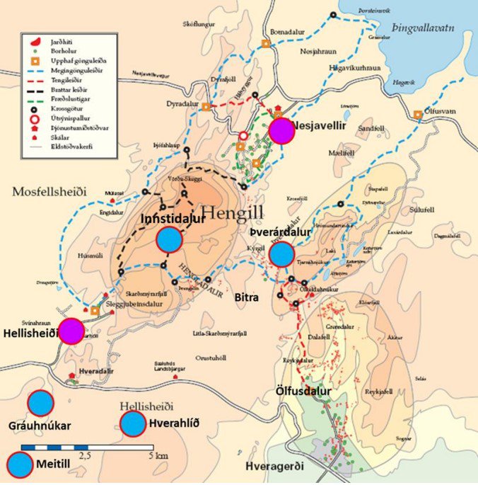 Hengilsvæðið og eldstöðvakerfin.Virkjanir á svæðinu eru sýndar með fjólubláum hringjum en svæði sem fjallað var um í þriðja áfanga rammaáætlunar eru sýnd með bláum hringjum.