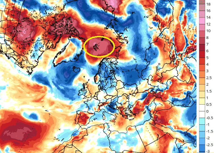 Veðurkort sem sýnir hita á norðurslóðum á laugardag.